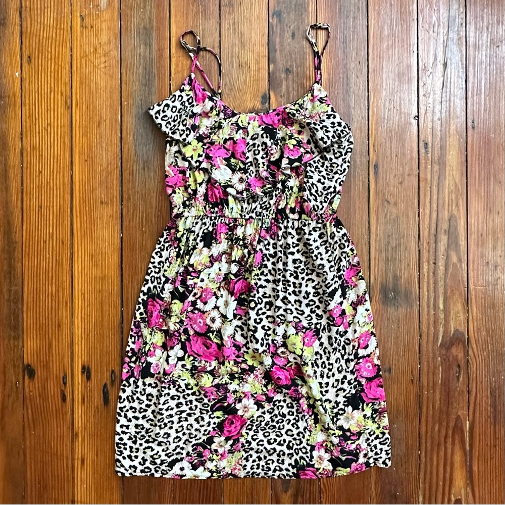 Vintage 2000s Bongo cheetah floral spaghetti strap rayon dress Medium